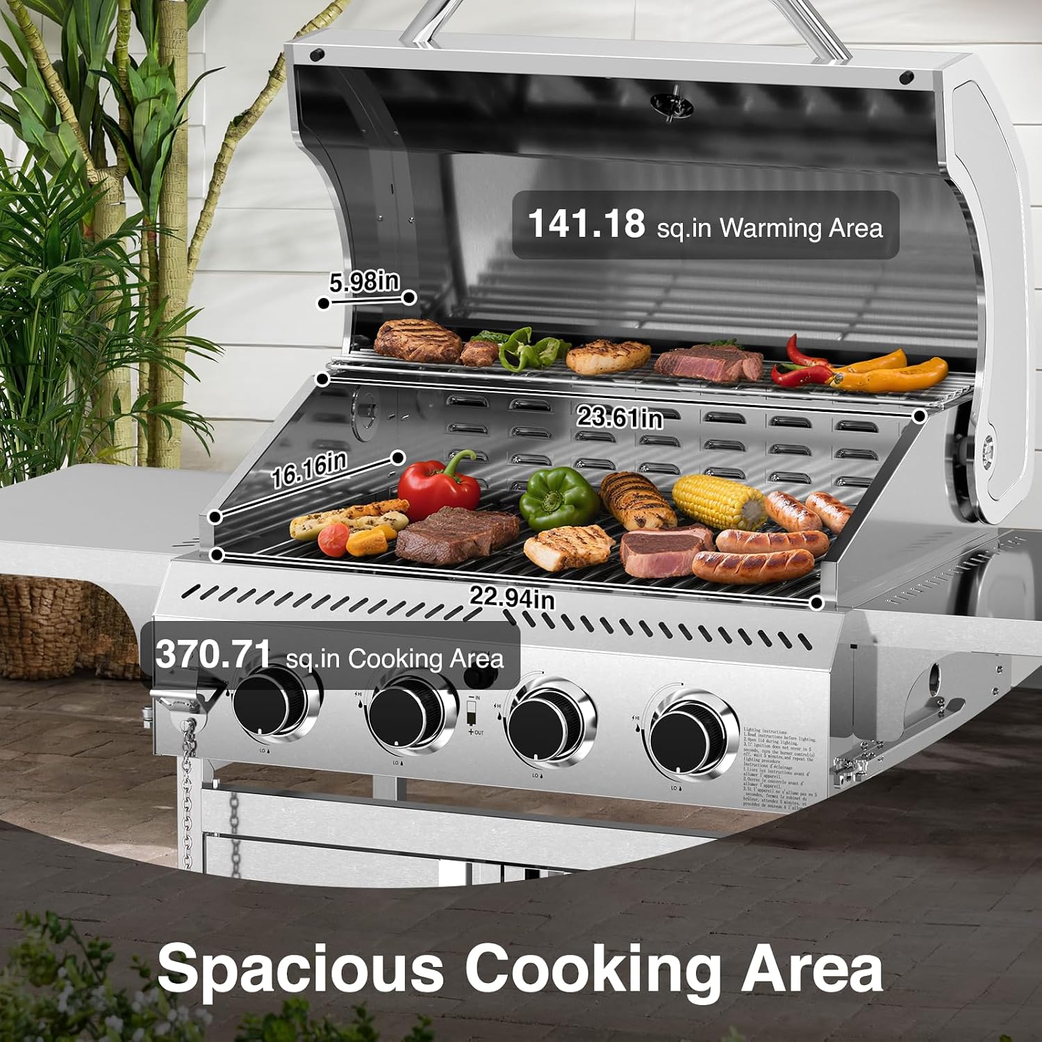 Electactic Propane Gas Grill 4 Burners, 32000 BTU Outdoor Barbecue Grill with Stainless Steel Body & Heavy-Duty 304 Grill Grates, Foldable Side Shelves & Built-in Thermometer, Portable with Wheels