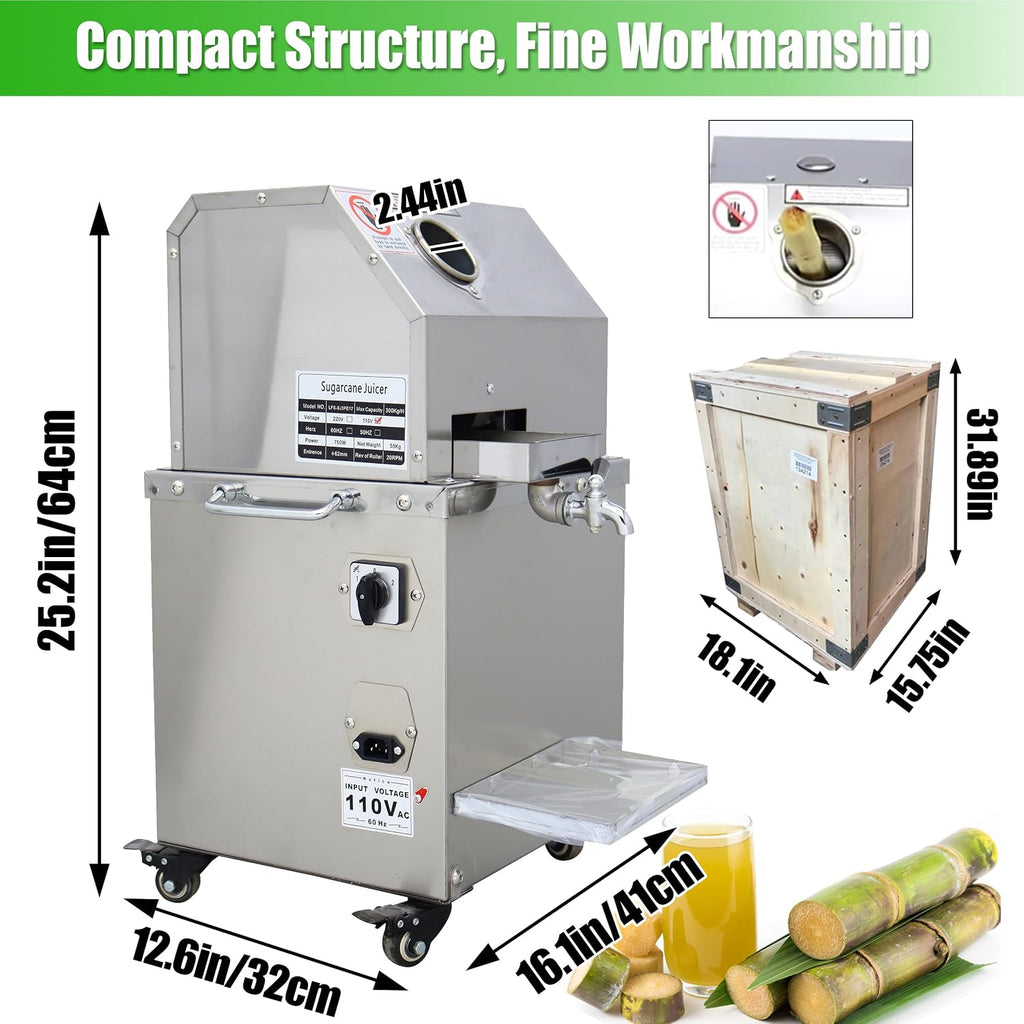 INTBUYING Electric Sugarcane Juicer 800W Sugar Cane Press Machine with 3 Stainless Steel Rollers 660LB/H Output 2.4' Inlet Sugarcane Juice Extractor Squeezer with Brake wheels for Commercial Home