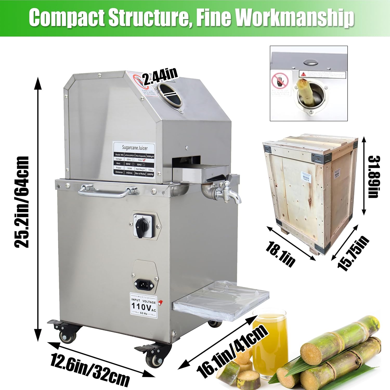 INTBUYING Electric Sugarcane Juicer 800W Sugar Cane Press Machine with 3 Stainless Steel Rollers 660LB/H Output 2.4' Inlet Sugarcane Juice Extractor Squeezer with Brake wheels for Commercial Home