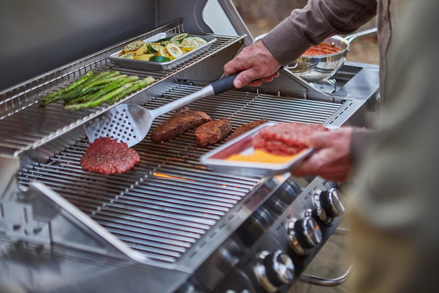 Monument Grills 77352 6+1 Burner Stainless Steel Cabinet Style Propane Gas Grill with Knob Controls, Side Burner, Built-In Thermometer, and Rotisserie Kit