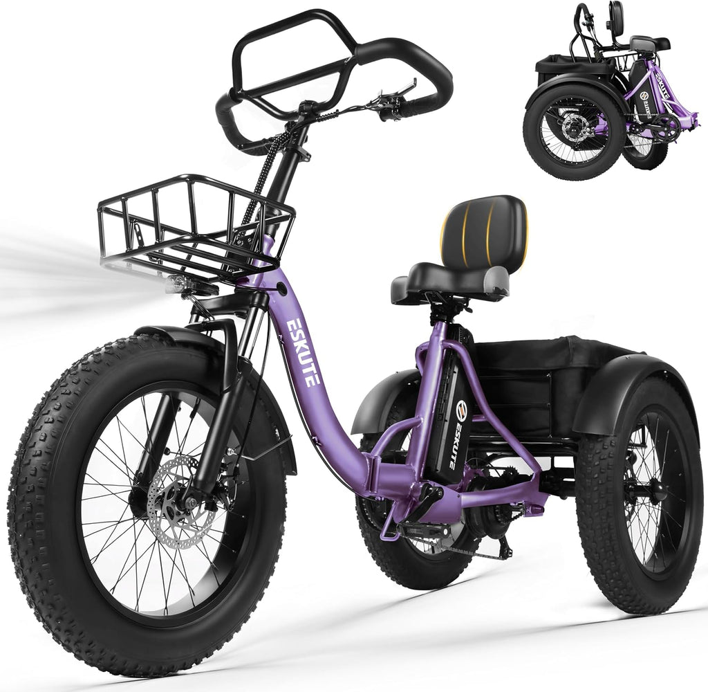 ESKUTE T300 Pro Electric Trike for Adults, 998.4Wh Long-Range Battery, 1200W Peak Motor, 20'x4.0' Fat Tires, Foldable 3-Wheel Butterfly Handlebar E-Bike with Storage Bags