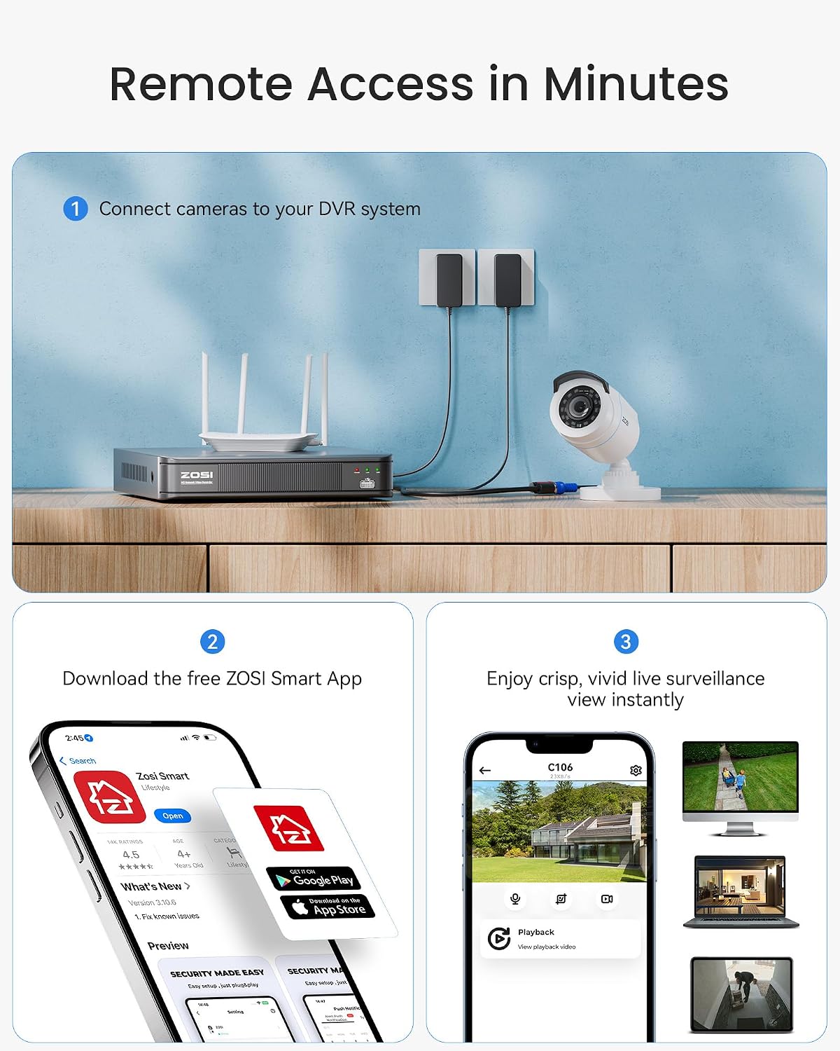ZOSI H.265+ Home Security Camera System with AI Human Vehicle Detection, 5MP 3K Lite 8 Channel CCTV DVR Recorder and 8 x 1080p Weatherproof Bullet Camera Outdoor Indoor, 80ft Night Vision, 1TB HDD