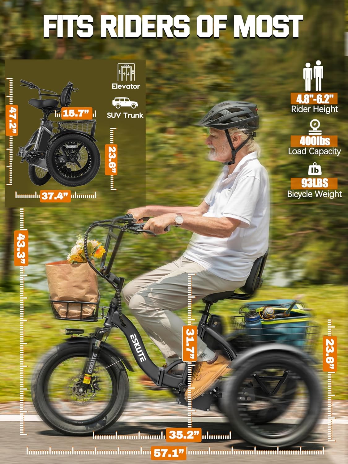 ESKUTE E Trike Electric Bike, Peak 1200W Brushless Motor Folding Trike 18X3.0 Fat Tire Ebike, 624Wh Removable Battery, Step-Thru 3 Wheel Electric Bicycle, Up to 55 Miles, 18MPH+ Tricycle for Adults