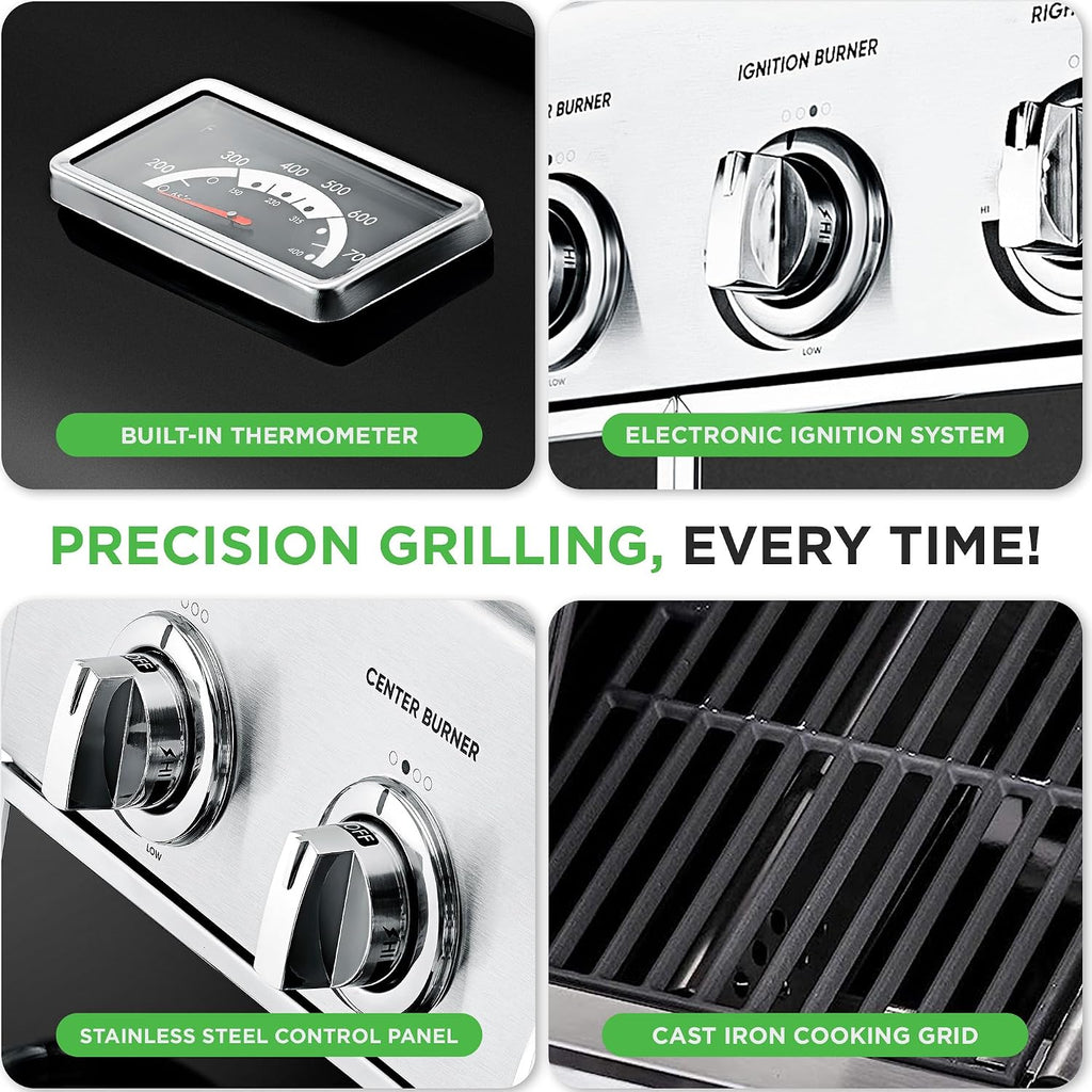 NutriChef Heavy-Duty 5-Burner Propane Gas Grill - Stainless Steel, 52,000 BTU, 4 Main Burners + Side, Electronic Ignition, Built-in Thermometer - NCGRIL2.5