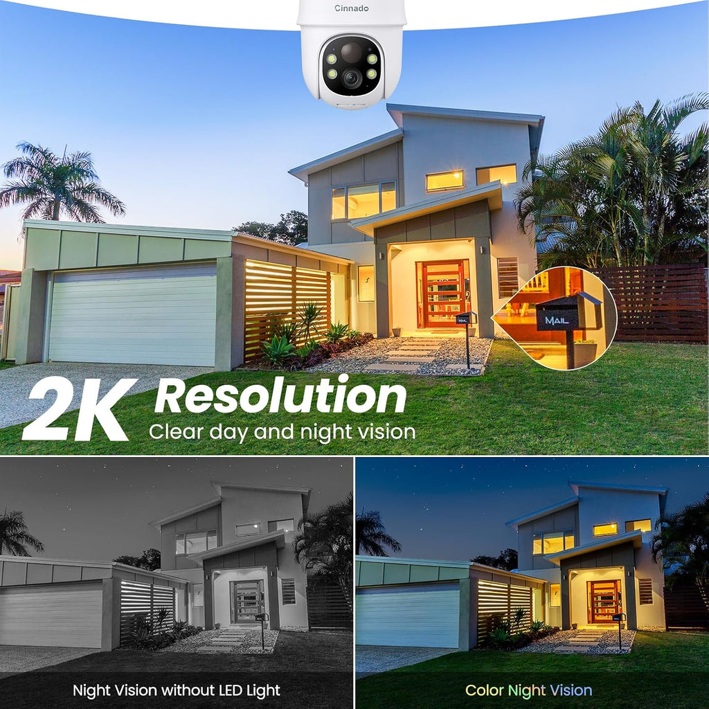 Cinnado 2K Cameras for Home Security-2.4G WiFi Outdoor Camera Wireless Solar/Battery Powered, 360° Viewing, Human Detection, Color Night Vision, Cloud/SD Storage B6 (B6-White-4pack-2.4G)