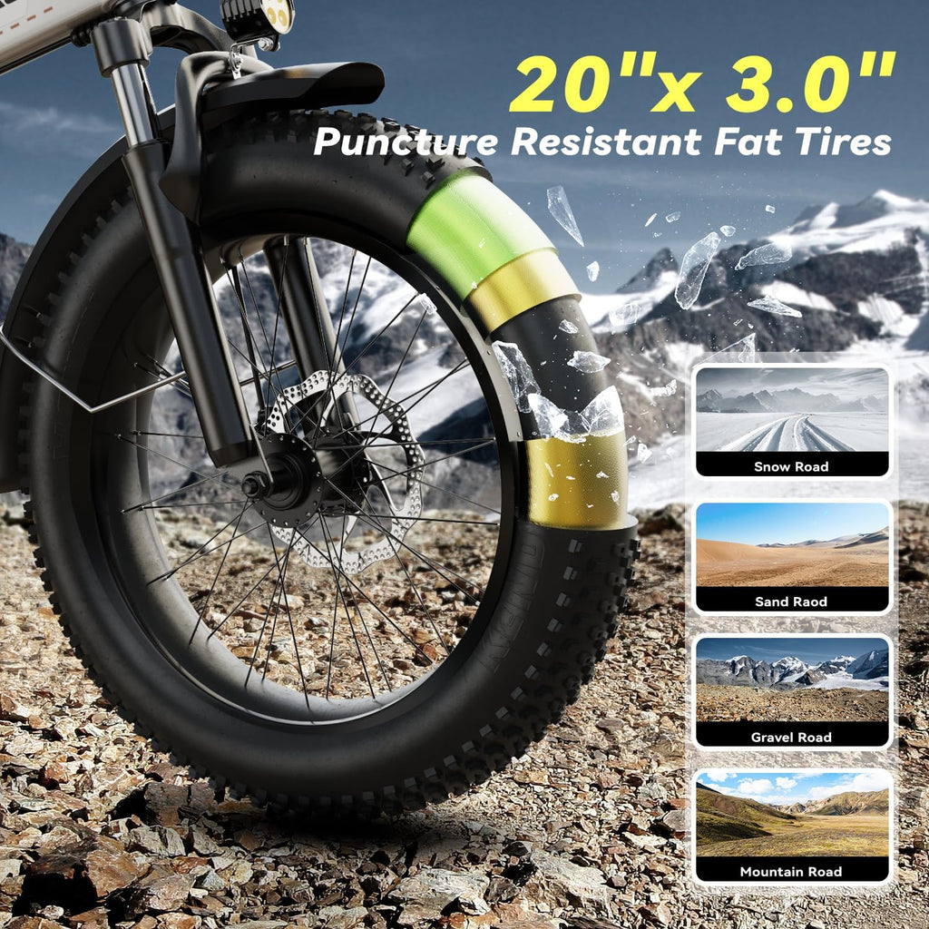 Foldable Electric Bike for Adults, 48V 20Ah Removable Lithium Battery up to 80Miles, 20' Fat Tire 1000W Peak Motor Dirt Ebike Adult Electric Bicycle for Commute Beach Mountain E Bike