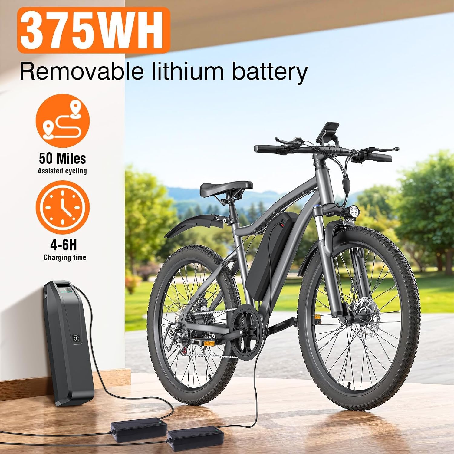 Electric Bike for Adults, 26' Commuter Ebikes with 7-Speed Gears, 25MPH Lightweight E Bike, 720W Peak Motor, 375Wh Removable Battery, 50 Miles Range, Electric Mountain Bicycle for All Terrain
