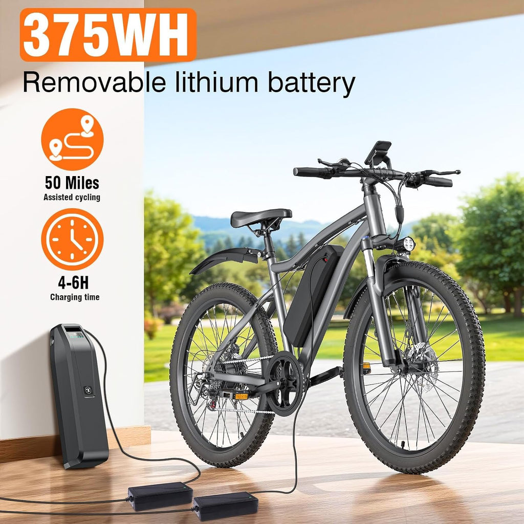 Electric Bike for Adults, 26' Commuter Ebikes with 5-Level Pedal Assist & 7 Speed Gears, 25MPH, 720W Motor, 375Wh Battery, 50 Miles, Lockable Suspension Fork, Lightweight Electric Mountain Bicycles.