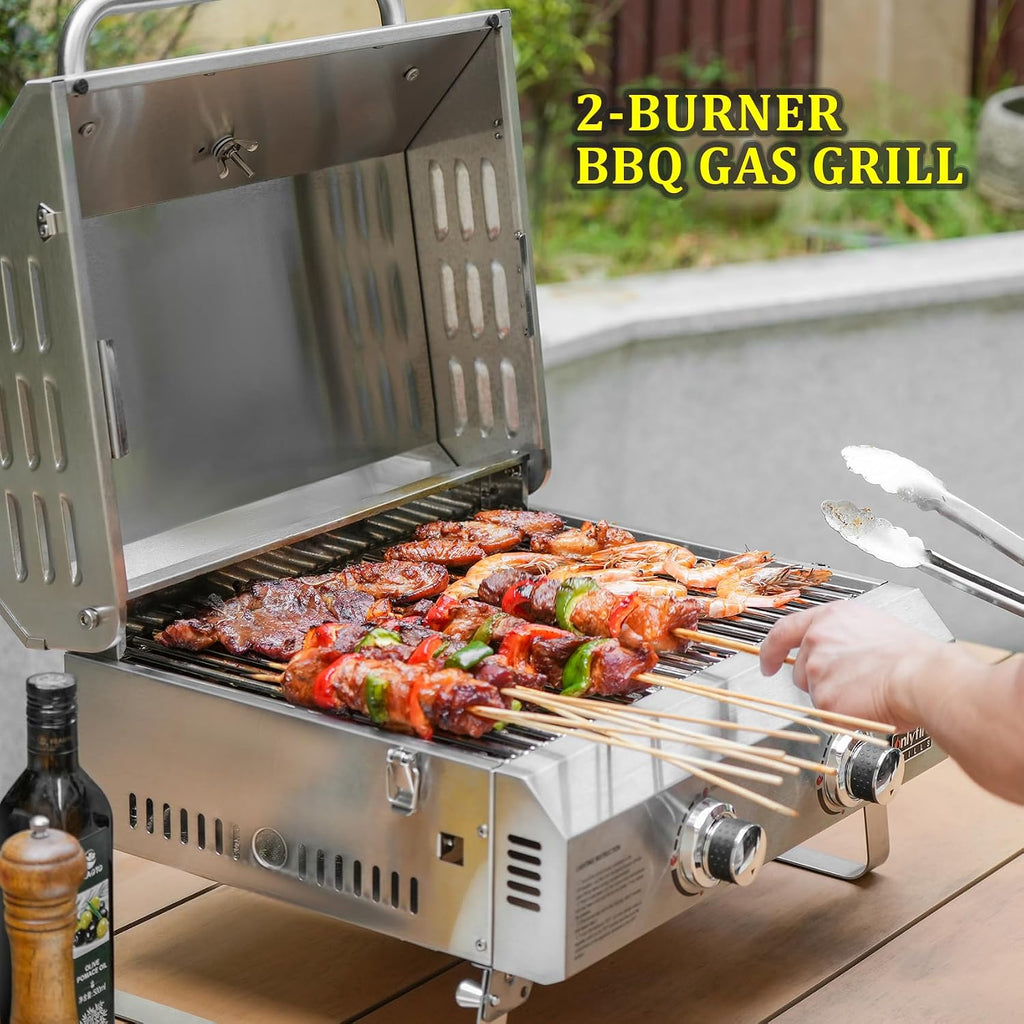 ONLYFIRE GRILLS Tabletop Gas Grill 2 Burners, 20' Portable Propane Grill with Foldable Legs for Outdoor Patio Backyard Camping Tailgating RV Trip Beach, Stainless Steel Gas Stove 16000BTU, GS322