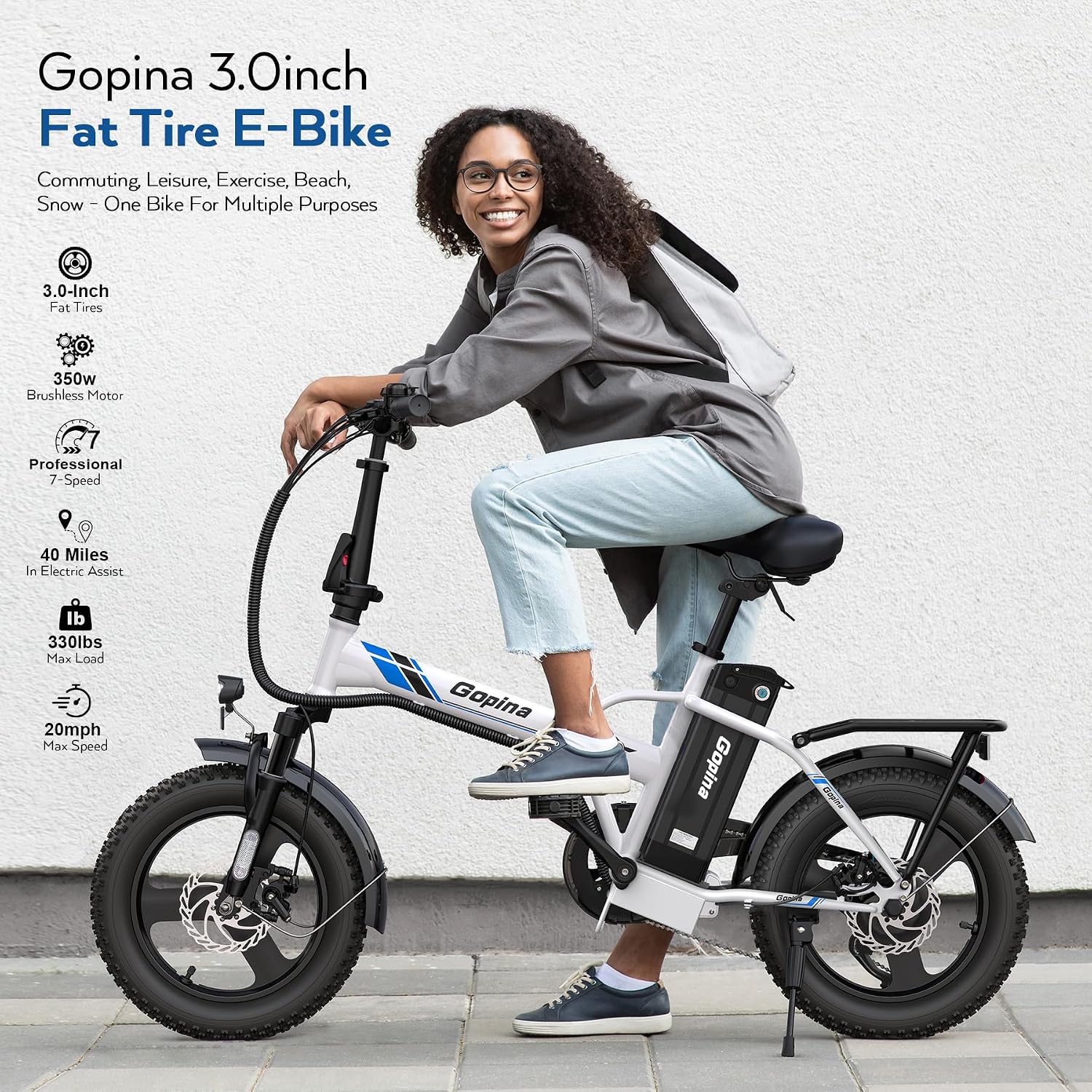 Vivi Gopina Electric Bike, 16' x 3.0 Fat Tire Electric Bike, Peak 500W Step Thru Electric Bicycle, 48V Removable Battery, Up to 40 Miles, LCD Display, 20mph, 7 Speed, SGS Certified to UL2849