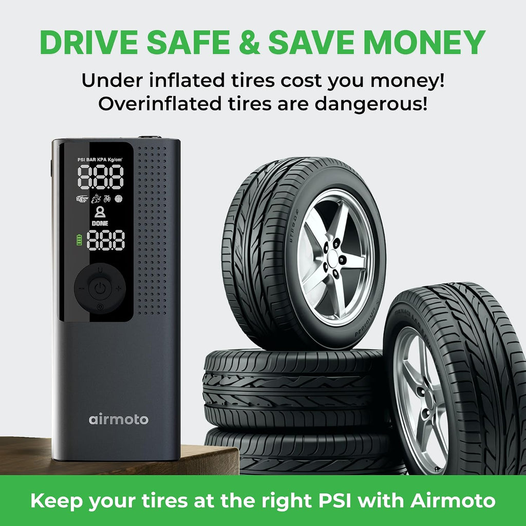 Airmoto Tire Inflator Portable Air Compressor - Air Pump for Car Tires with Digital Pressure Gauge, LED Light and Auto Shut-Off Function - Cordless Pump for Car, Motorcycle, Bicycle, Ball (Pack of 4)