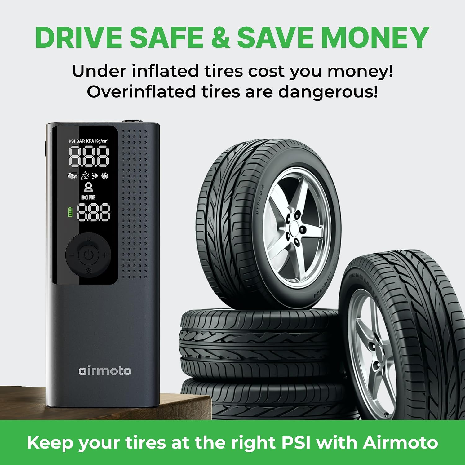 Airmoto Tire Inflator Portable Air Compressor - Air Pump for Car Tires with Digital Pressure Gauge, LED Light and Auto Shut-Off Function - Cordless Pump for Car, Motorcycle, Bicycle, Ball (Pack of 4)