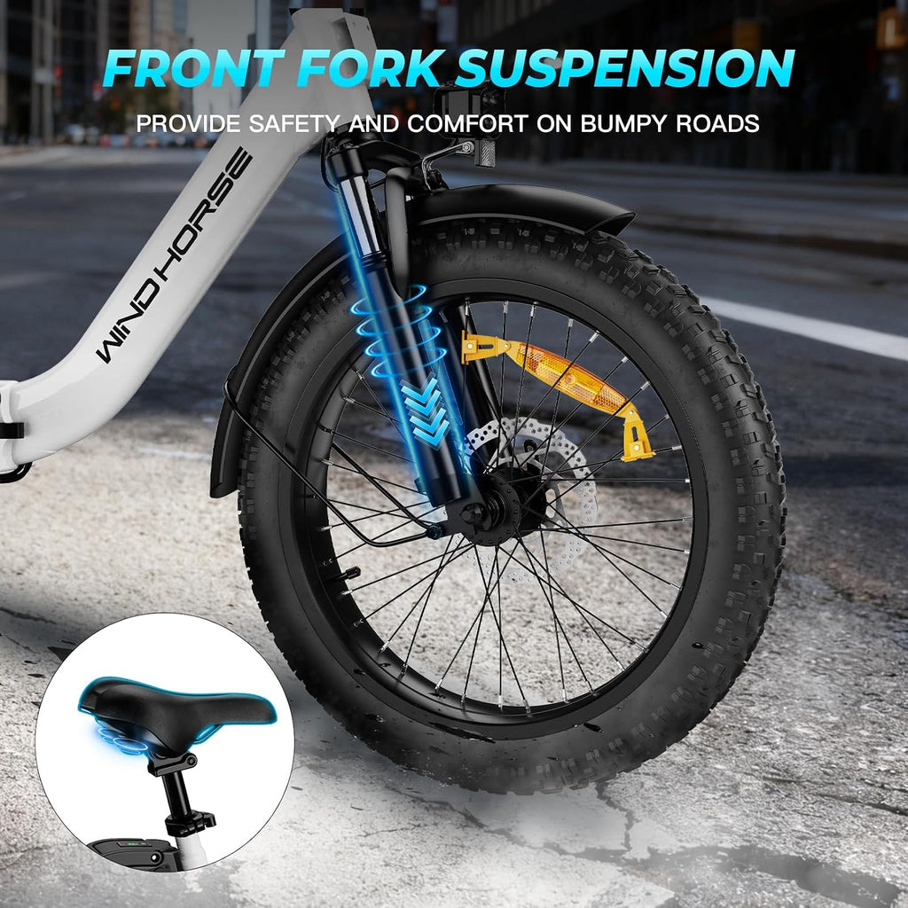 WINDHORSE 20' Folding Electric Bike, 983W Peak Motor, 20MPH, 40–70 Miles, 48V 748.8Wh Removable UL Battery, Front Suspension, Fat Tire E-Bike for Commuting, Beach, All -Terrain | Adults & Teens
