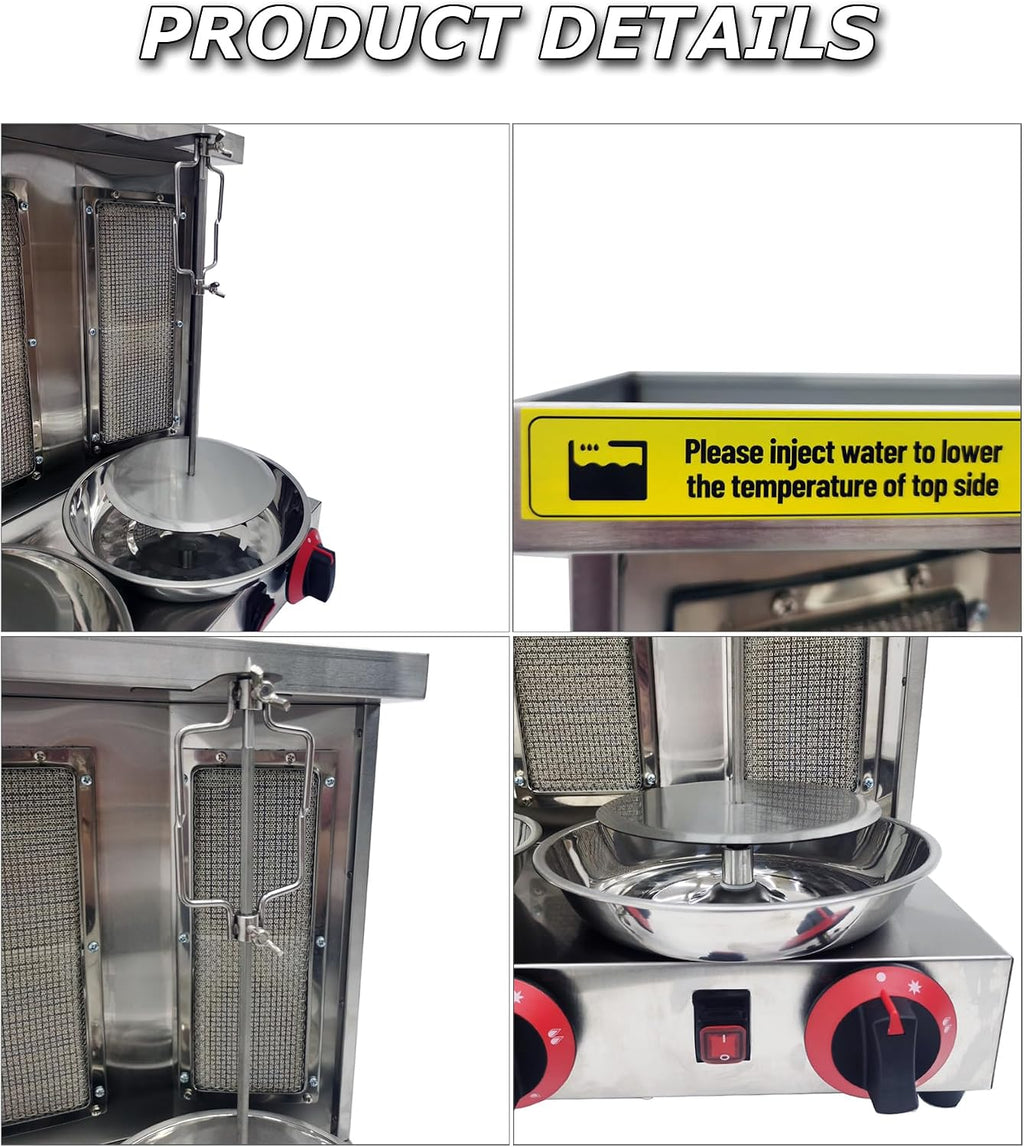 INTSUPERMAI Shawarma Grill Machine LP Gas Doner Kebab Machine Vertical Broiler Gyro Machine Meat Roasting Machine with 3 Burners Countertop Rotating Doner Kebab Oven for Home Commicial Restaurant Use
