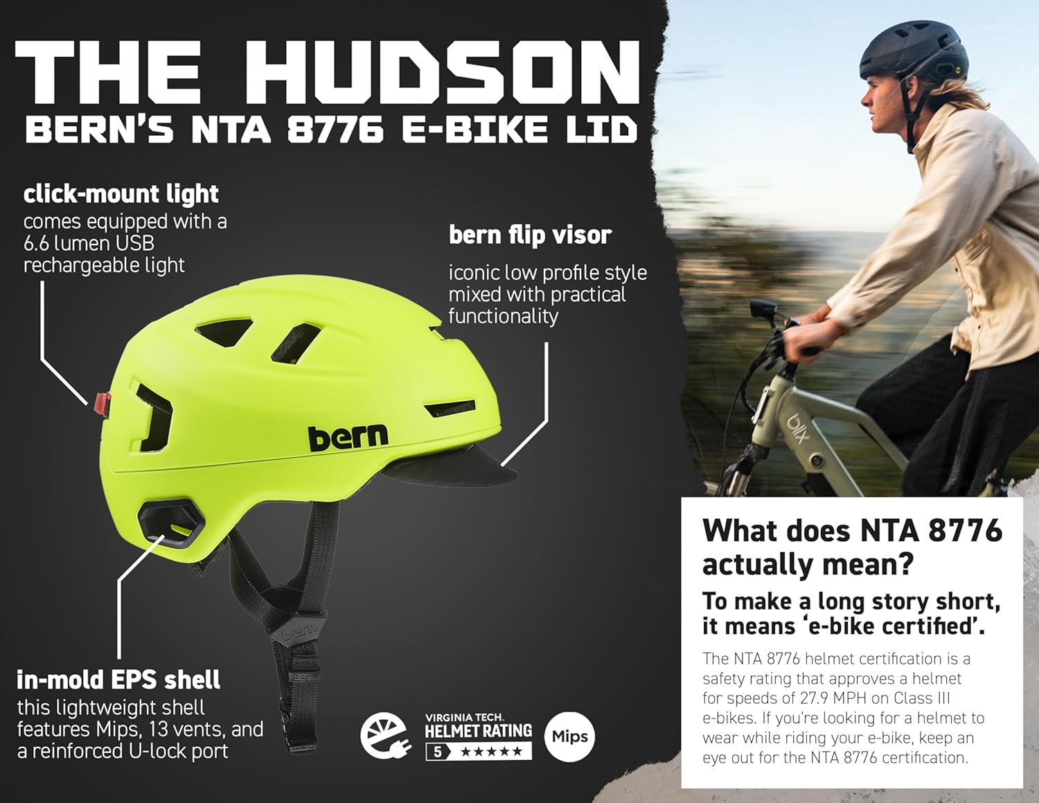 Bern Hudson MIPS Adult Bike Helmet with Rotational Impact Safety, up to 27 MPH│Adjustable│Safety Light Included│For Bikes, E Scooters, E Bikes +│Fully Certified