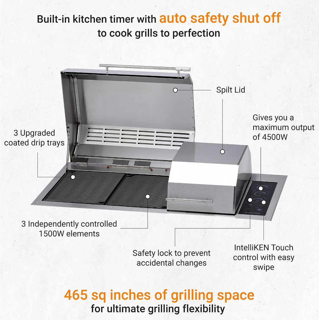 Kenyon The Big American Grill, Electric Grill With 3 Burners And 2 Piece Lid, Stainless Steel Body, Rust-Proof Grill With IntelliKEN Touch Control, UL-Approved For Indoor And Outdoor Use, 240V