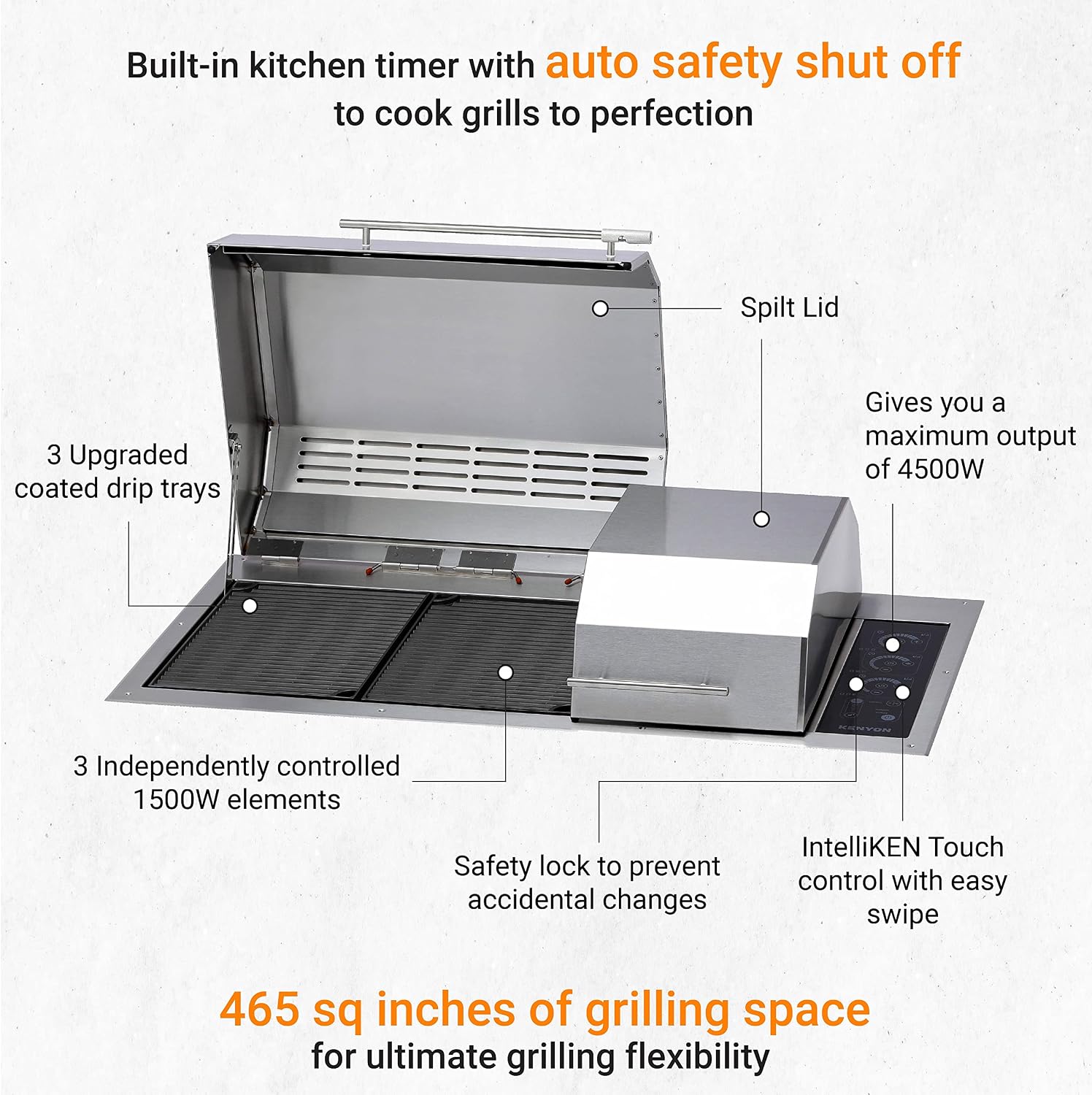 Kenyon The Big American Grill, Electric Grill With 3 Burners And 2 Piece Lid, Stainless Steel Body, Rust-Proof Grill With IntelliKEN Touch Control, UL-Approved For Indoor And Outdoor Use, 240V