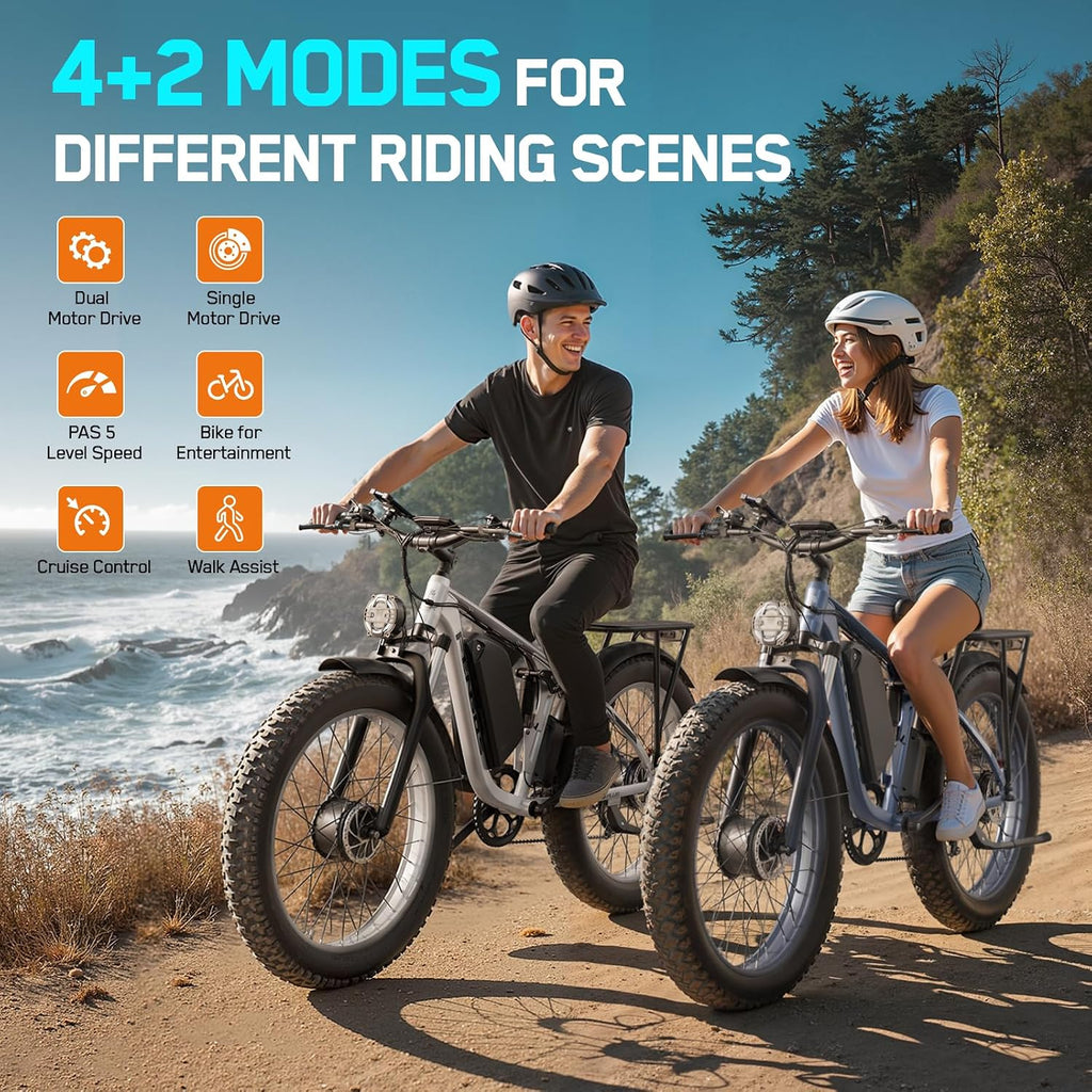 6000W Electric Bike for Adults,60V 1200WH 45MPH Dual Motor Mountain Ebike Up to100 Miles Long Range Electric Bicycle 24' Fat Tire Fast Bicycle for Men Women Full Suspension Brake/Turn Signal
