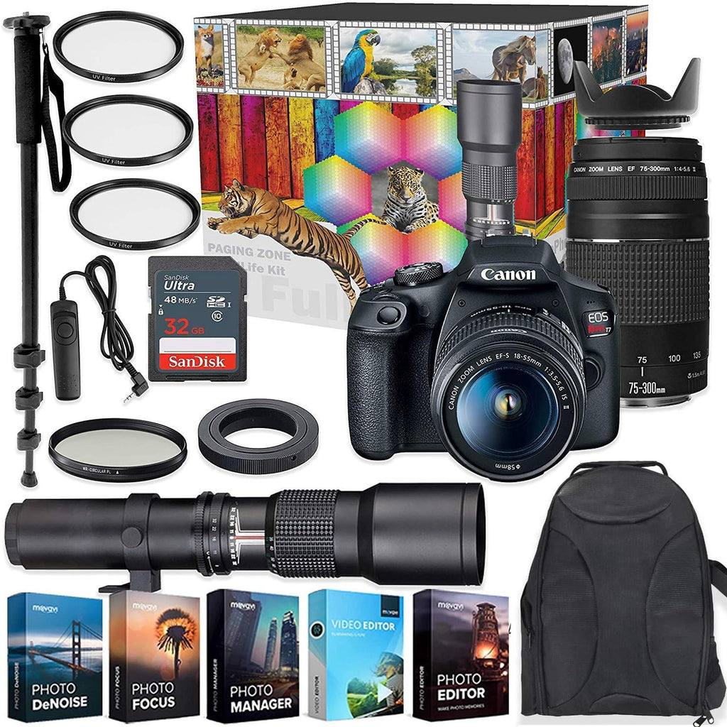 Canon EOS Rebel T7 DSLR Camera with 18-55mm & 75-300mm Lenses Kit + 500mm Preset Wildlife Lens - Deluxe Professional Photo & Video Creative Bundle (Renewed)