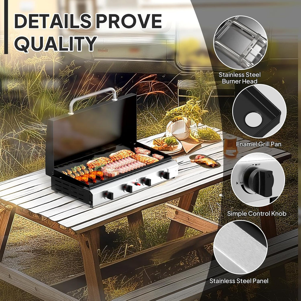 Bonnlo 4 Burner Portable Propane Griddle with Lid, 40000BTU Tabletop Flat Gas Grill with Ignition and Oil Collector, Camping Griddle for Outdoor Cooking Patio Backyard Sandbeach BBQ Party