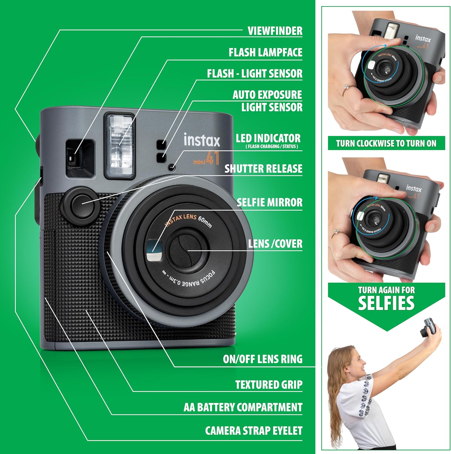 Fujifilm Instax Mini 41 Instant Film Camera Black + 20 Instax Instant Film Prints Bundle