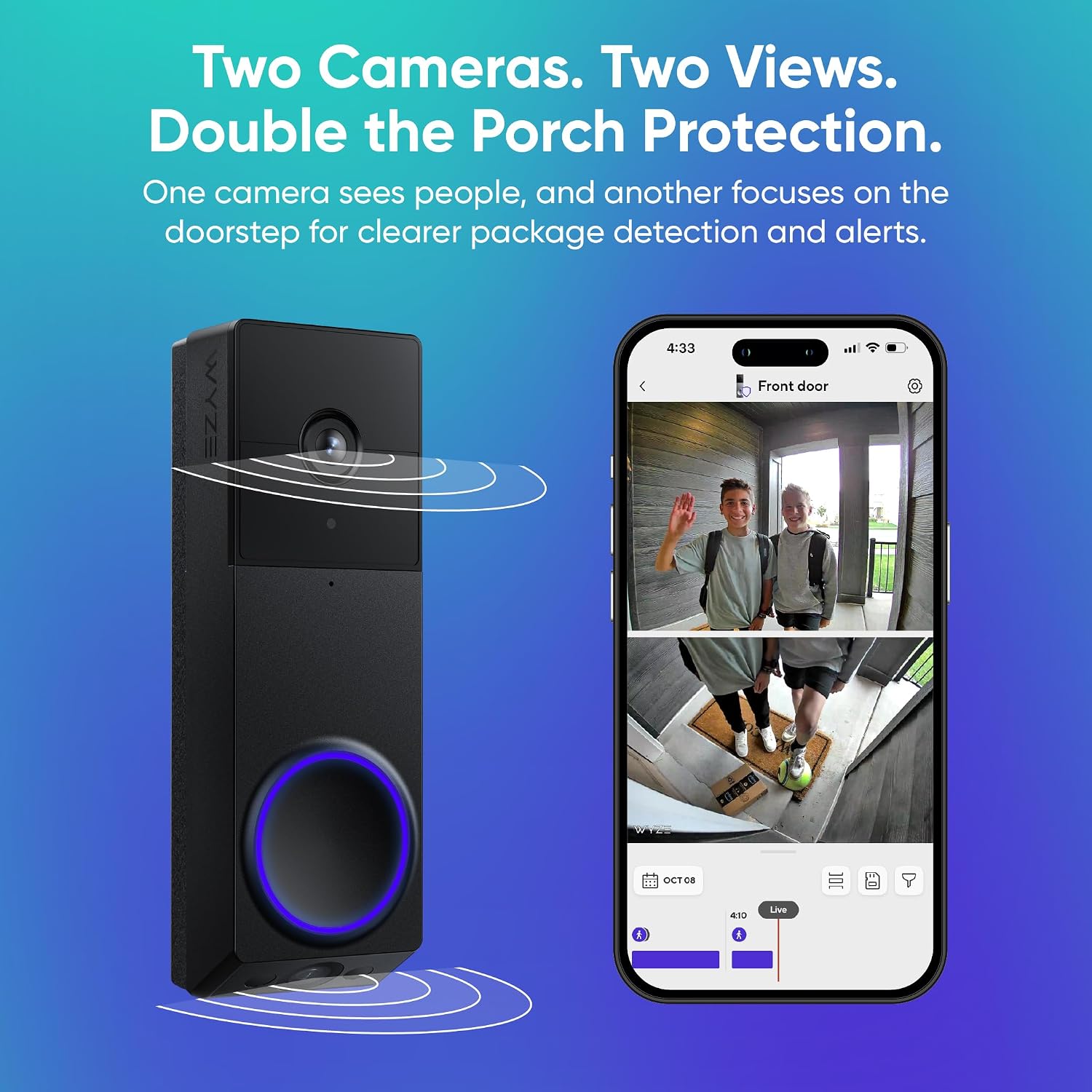 WYZE Wireless Duo Cam Video Doorbell (Chime Included), Battery Powered, 2K Full HD Video, 2 Cameras (People and Package), 2-Way Audio, Color Night Vision, Silver