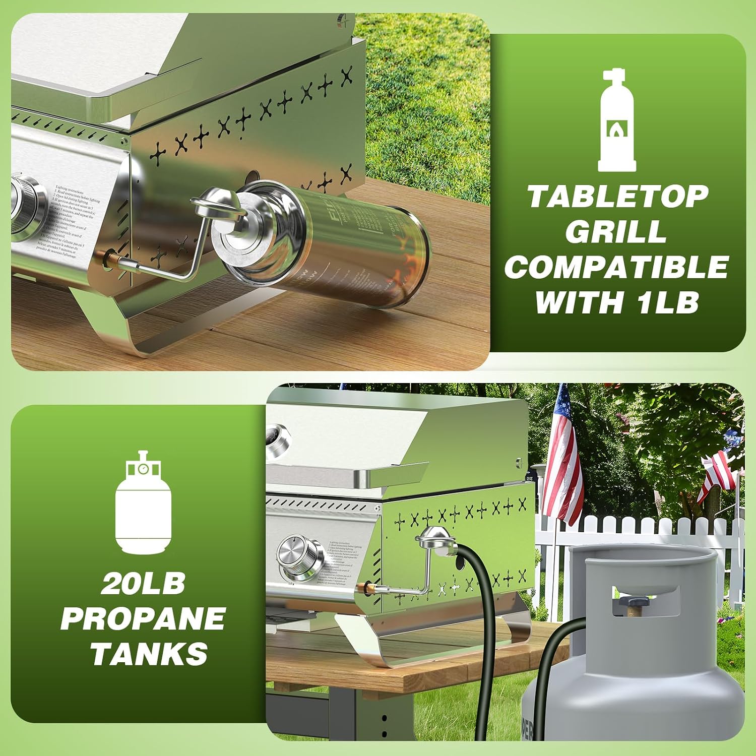COWSAR Portable 3-Burner Table Top Gas Grill with Griddle, Stainless Steel BBQ Propane Grill, Flat Top Grill with Lid for Outdoor Cooking Camping or Tailgating, 24,000 BTU