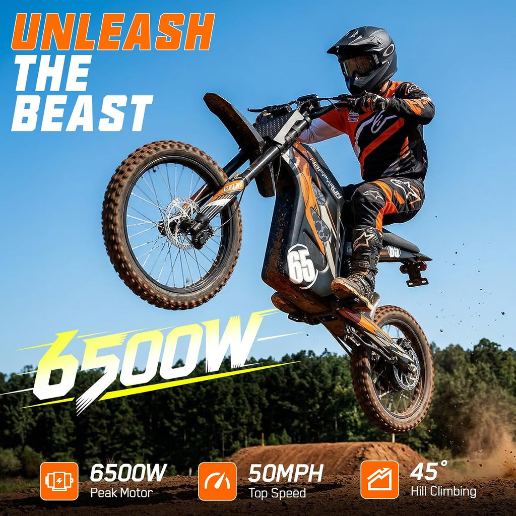 HAPPYRUN G300 Pro Electric Dirt Bike for Adults, 72V 30Ah Battery, 6500W Motor, 50 MPH Speed, 70 Mile Range, 350 Lbs Load Capacity, Hydraulic Brakes
