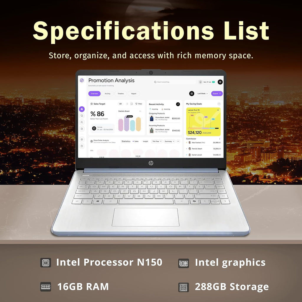 HP Stream 14' HD BrightView Laptop, Intel Celeron N150, 16GB RAM, 288GB Storage (128GB UFS + 160GB Docking Station Set), Intel UHD Graphics, 720p Webcam, Wi-Fi, 1 Year Office 365, Win 11 S, Blue