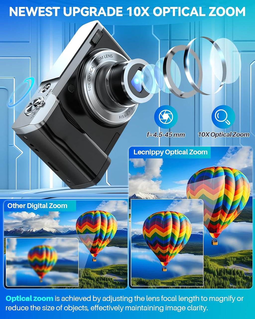 Digital Camera,5K 56MP Cameras for Photography Autofocus,Vlogging Compact Camera with Front and Rear Camera,10X Optical Zoom,6-Axis Anti-Shake,Touch Screen with 64GB SD Card,2 Batteries