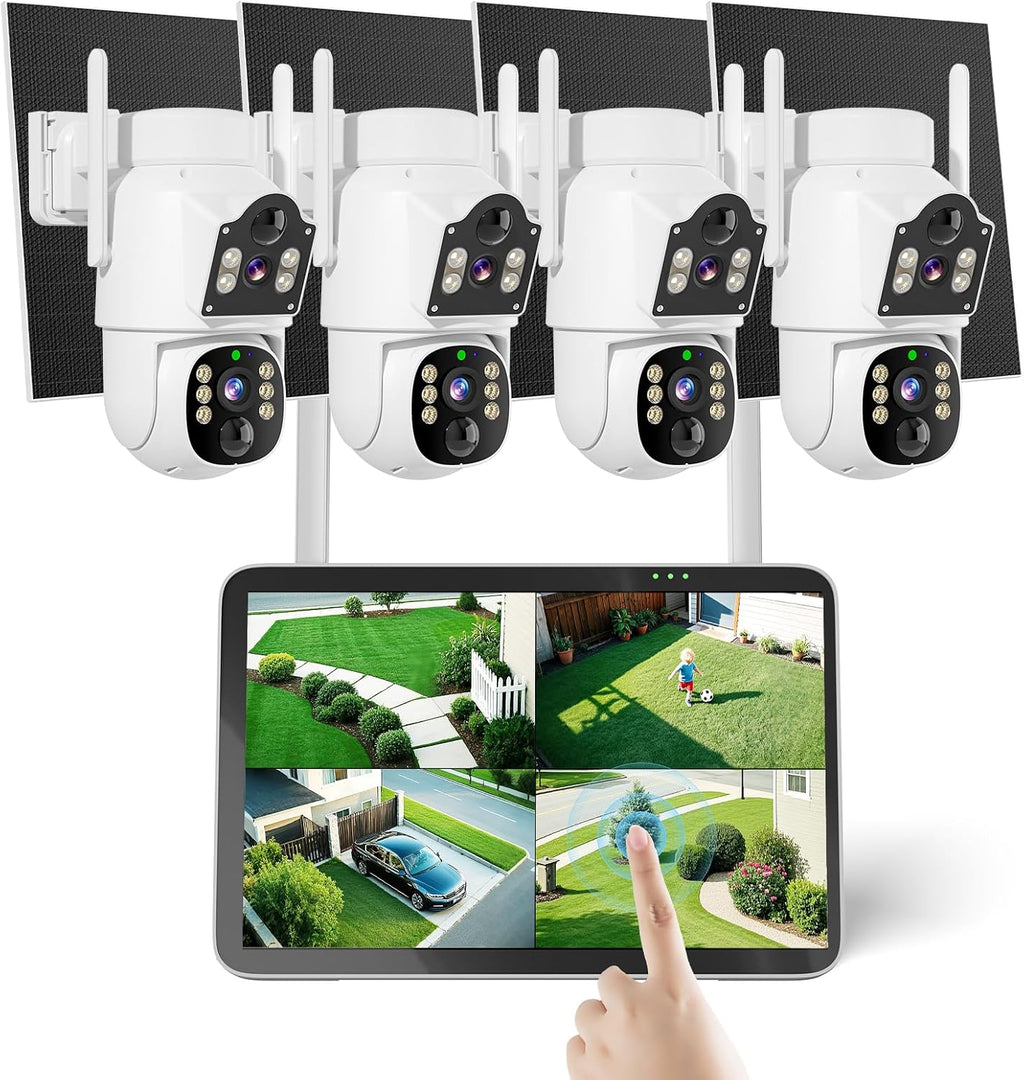 Hiseeu Solar Security Cameras Wireless Outdoor, Auto Tracking Dual-Lens Wireless Cameras for Home Security with 10' Touchscreen, 2.4 & 5GHz WiFi Pro 4 Cam-Kit, 2 Way Audio, 500GB HDD, 0 Monthly Fee