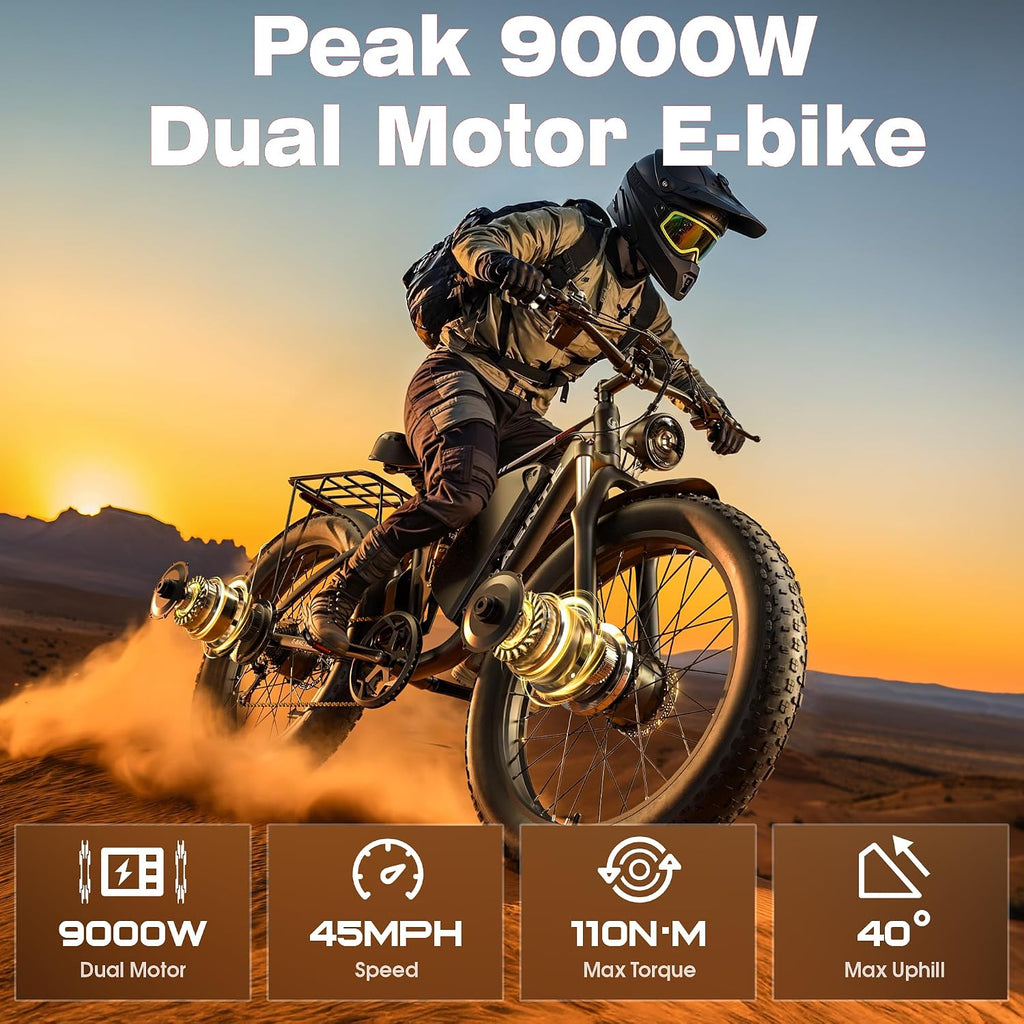 Electric Bike for Adults 9000w Peak Dual Motor Electric Bicycle 58V32Ah, 24'x4' Fat Tire Mountain E-Bike with Hydraulic Disc Brakes, Off-Road & Commuting (UL Certified)