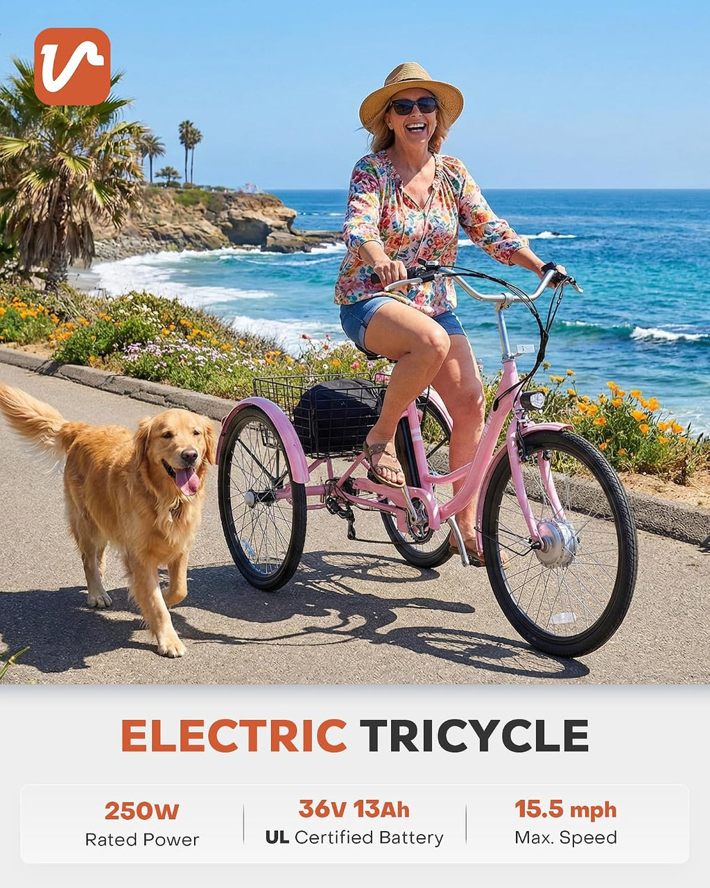VIRIBUS Electric Tricycle for Adults, 24 26 inch Electric Trike with 468Wh Removable Battery, 250W/350W(Peak 500W) 3 Wheel Electric Bikes for Seniors, Motorized Adult Tricycles Women Men 330 lb.
