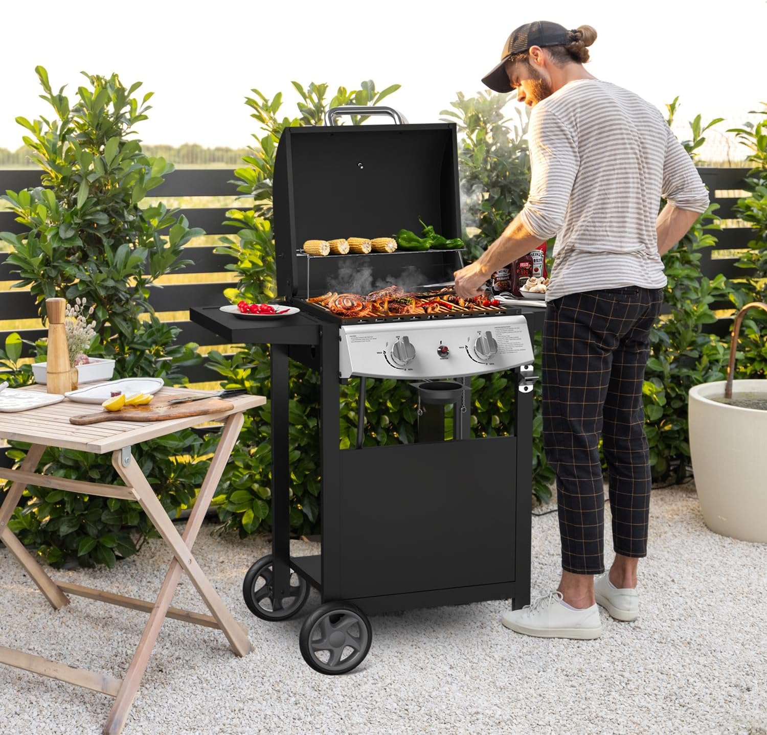 2-Burner Propane Gas Grill with Side Tables-20,000 BTU Stainless Steel Outdoor BBQ Grill,325 sq.in. Portable with Side Storage Shelves and Wheels for Patio, Campingfor Patio & Camping,Black