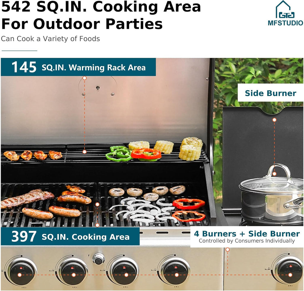 MFSTUDIO 4-Burner Propane Gas Grill, Stainless Steel BBQ Grill with Side Burner and Porcelain-Enameled Cast Iron Grates, High Output Gas BBQ Grills for Barbeque and Outdoor Cooking, Gold