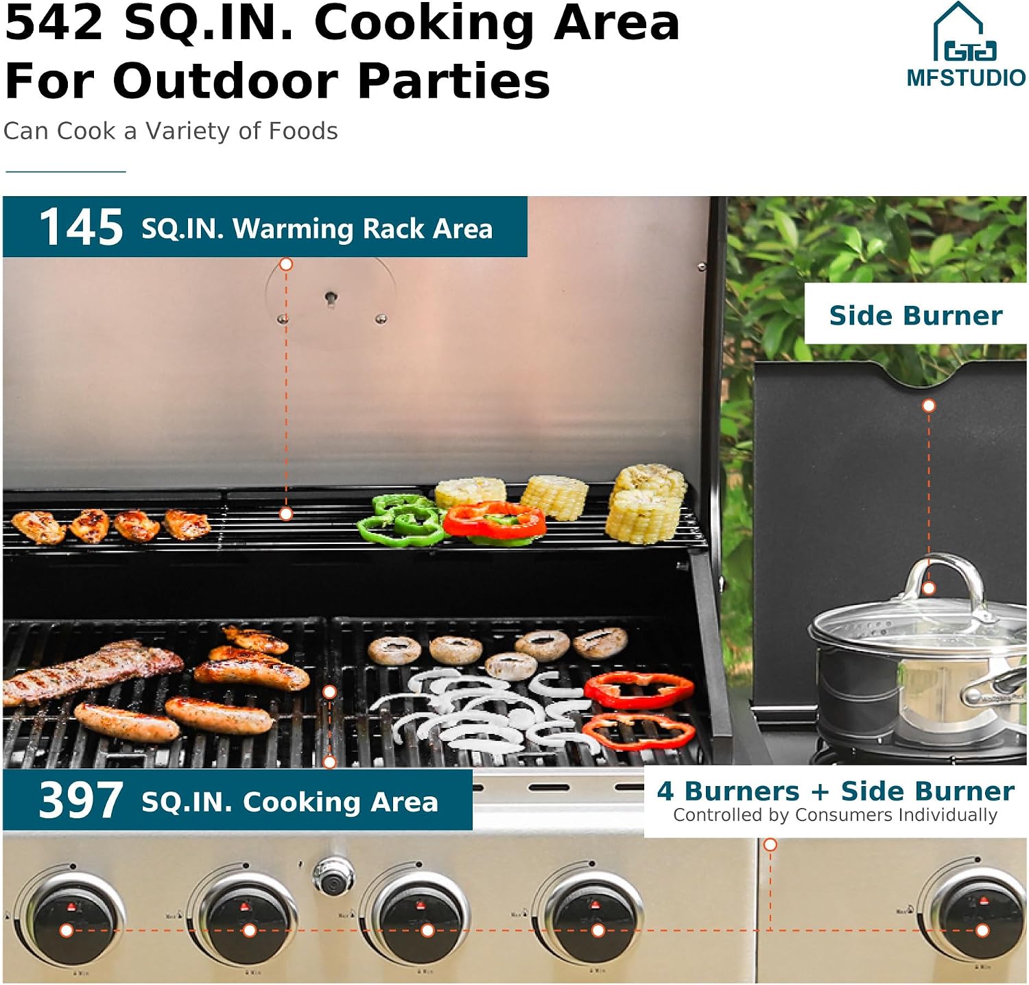 MFSTUDIO 4-Burner Propane Gas Grill, Stainless Steel BBQ Grill with Side Burner and Porcelain-Enameled Cast Iron Grates, High Output Gas BBQ Grills for Barbeque and Outdoor Cooking, Gold