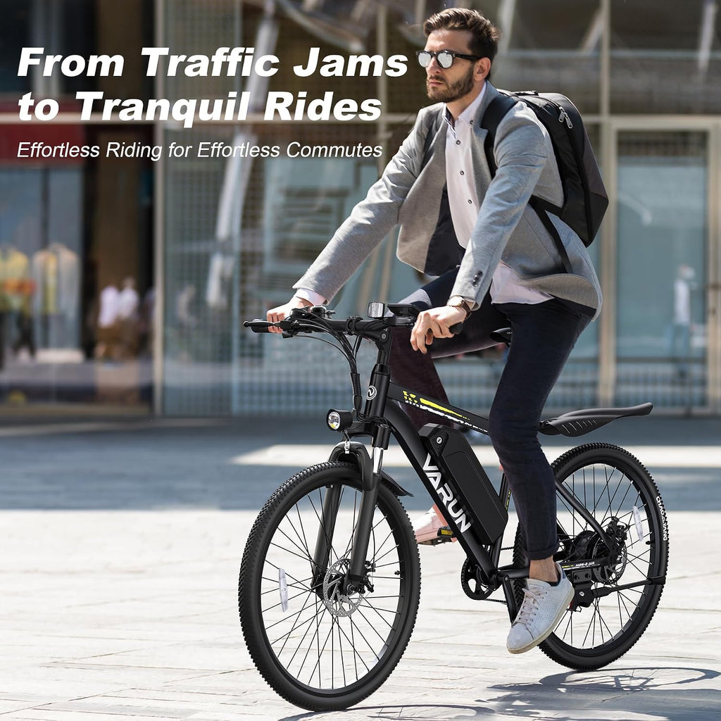 VARUN Electric Bike - 500W Peak Motor, 24/26' All-Terrain E-Bike, Up to 40 Miles & 20 MPH, Removable Battery, 7-Speed, Front Suspension, Dual Disc Brakes, with Free Accessory Pack