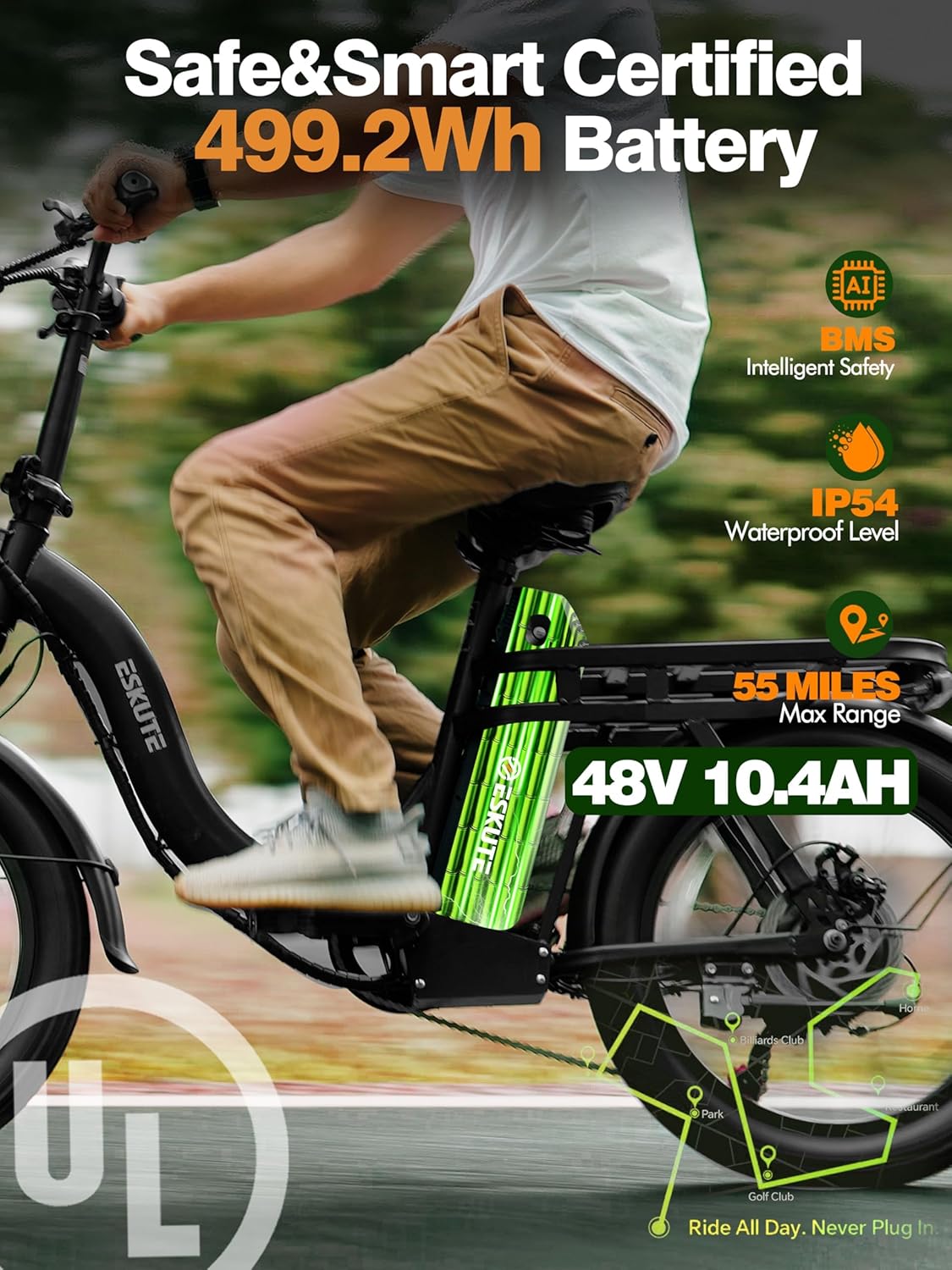 ESKUTE Electric Bike for Adults – 1200W Peak Motor, Folding 20x3 Fat Tire E‑Bike, 48V 10.4Ah Battery, Step‑Through Cargo Fold Ebike, NFC Unlock, 28 MPH, 7‑Speed, Up to 55 Miles