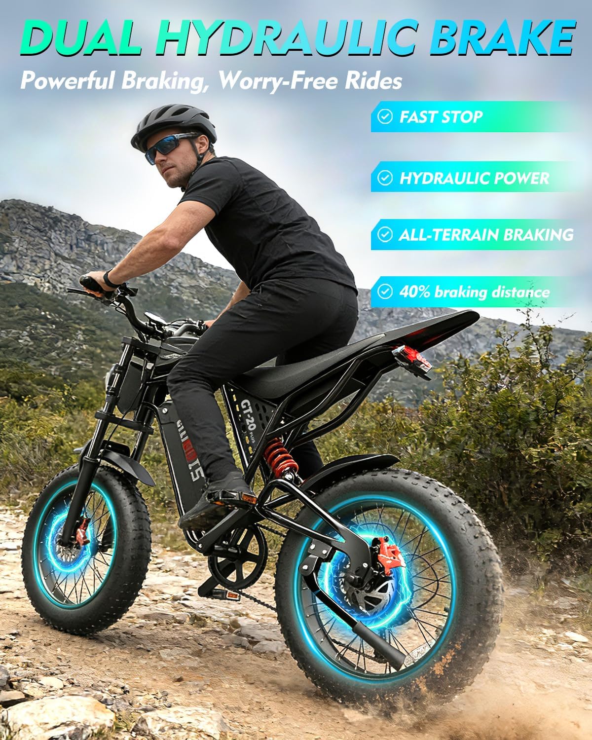 Rakowe Electric Bike for Adults, 1000W-2000W Peak, 20' Fat Tire Electric Dirt Bike, 48V Removable Battery, Up to 30-34MPH & 45-80 Miles, Full Suspension, Dual Disc Brakes, 7-Speed All-Terrain E-Bike