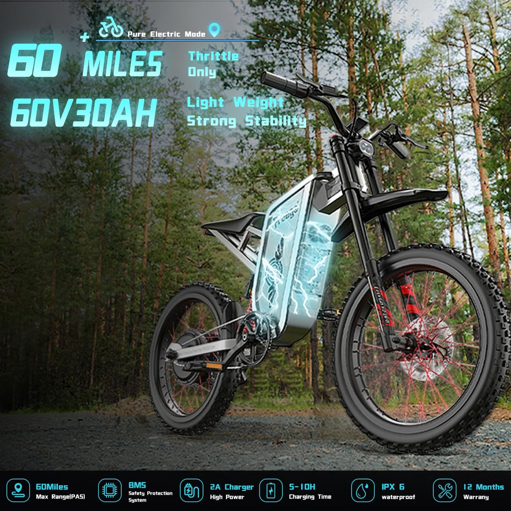 Freego Electric Motorcycle for Adults, X2Pro Electric Dirt Bike 6000W(Peak) Motor 60V/30Ah Battery,50MPH Off Road Electric Bicycle,19x2 Tire Full Suspension/Four-Piston Hydraulic Brake