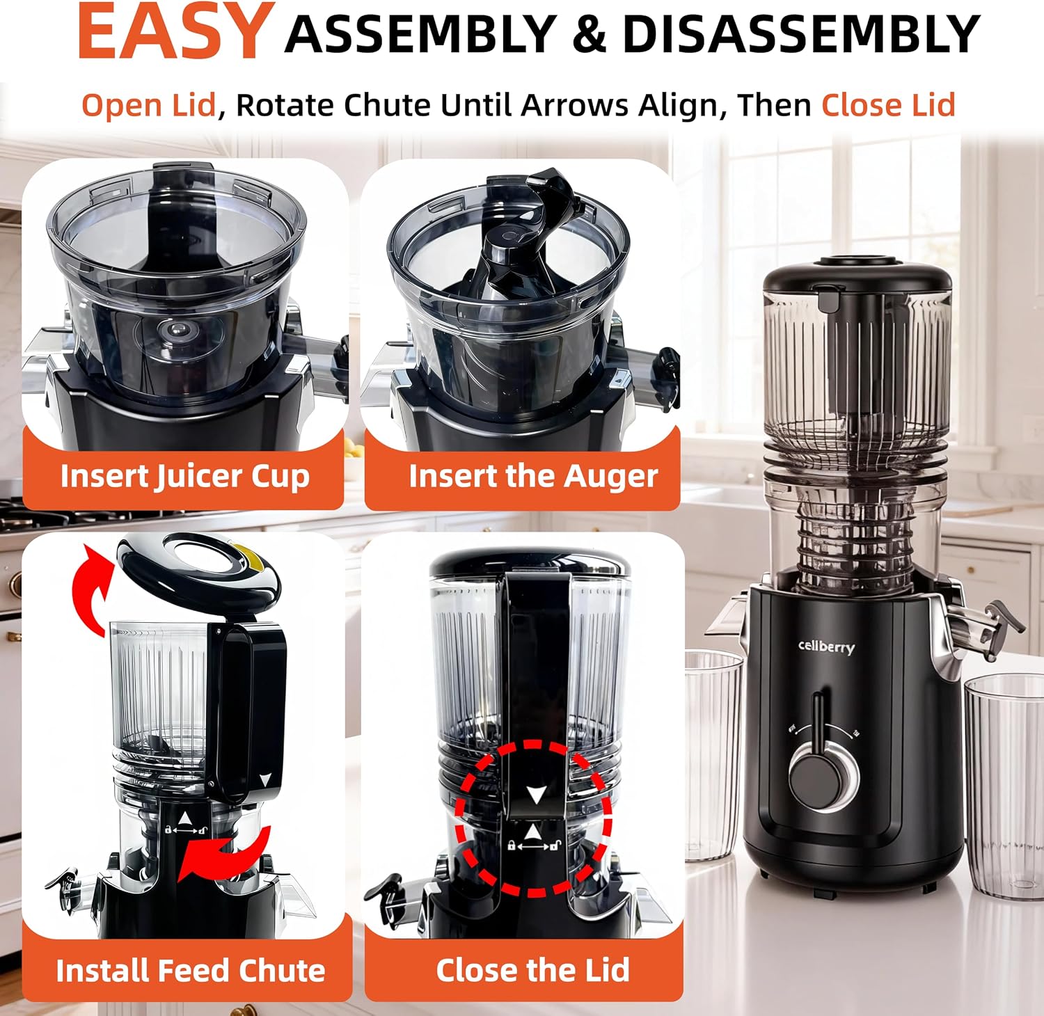 Cold Press Juicer Machines, 5.3' Large Feed Chute Slow Masticating Juicer for Whole Fruits & Vegetables, Easy Clean, 300W Quiet Juice Extractor, 99% High Juice Yield, Black
