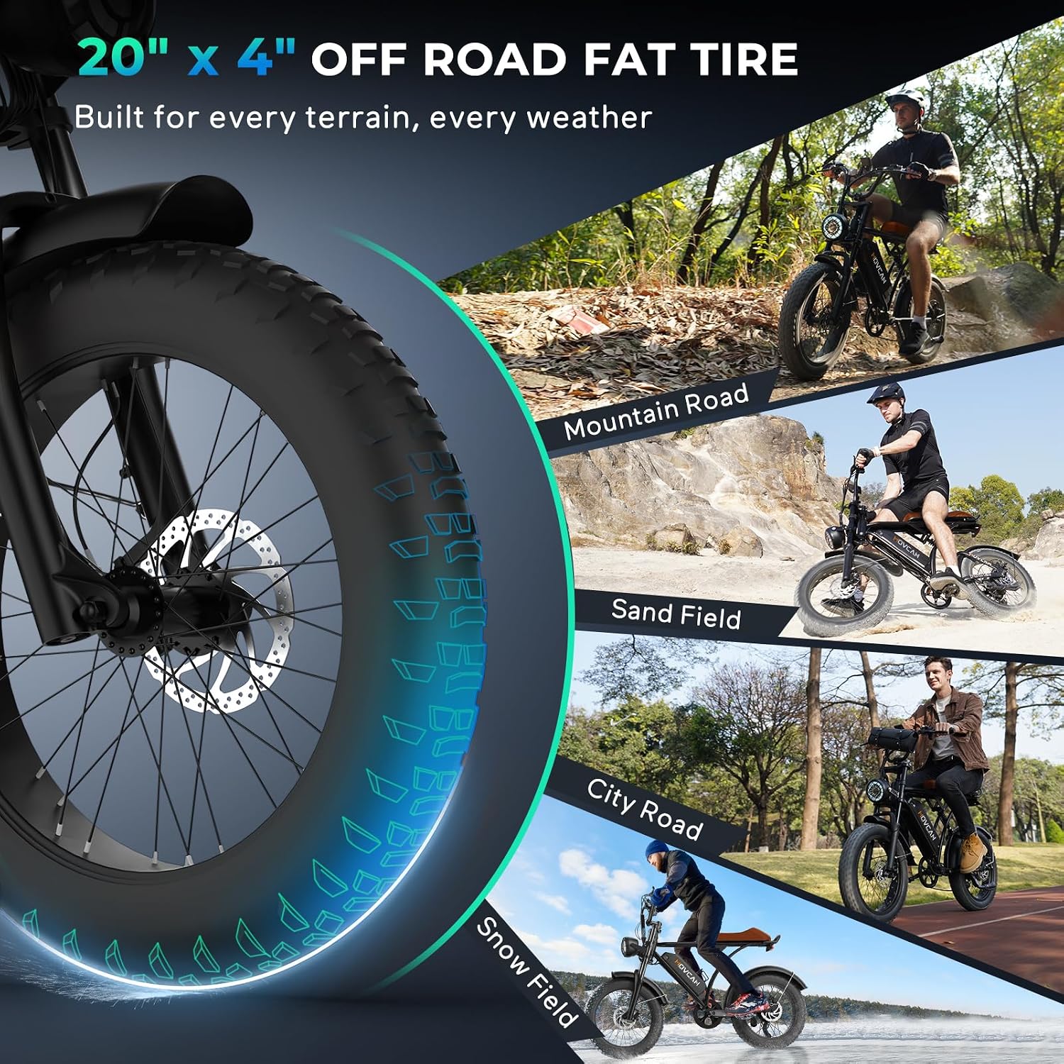 Movcan V60/V60 Pro Electric Bike, 48V 15.6/18.2Ah Removable Battery 20' Fat Tire Electric Bike, 1000/1500W Motor 30/33MPH Top Speed Electric Motorcycle, for Commute/Offroad/School/Rain/Snow Riding.