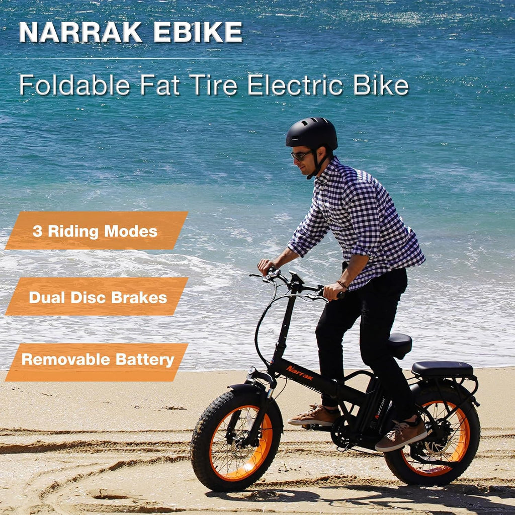 NARRAK Fat Tire Folding Electric Bike, 48V & 624Wh Lithium Removable Battery, Peak 1100W Brushless Motor, Max Speed 20Mph, M5 Large LCD Display, Suspension, Step-Over/Thru Frame
