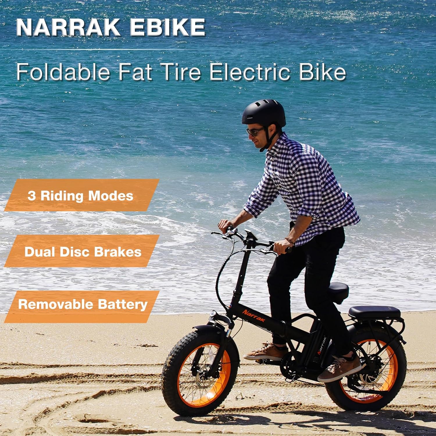 NARRAK Fat Tire Folding Electric Bike, 48V & 624Wh Lithium Removable Battery, Peak 1100W Brushless Motor, Max Speed 20Mph, M5 Large LCD Display, Suspension, Step-Over/Thru Frame