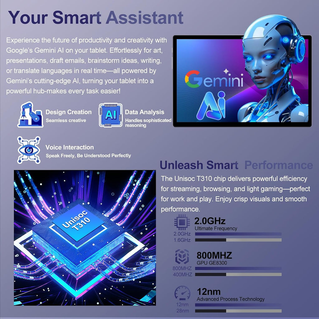 2026 Android 15 Tablet with Keyboard | Gemini AI, 30GB+128GB Octa-Core Electronics Tablets w/ 10 Inch IPS HD Display, 8000mAh, 5G WiFi, 1TB Expand, Mouse+Case, BT 5.0, Widevine L1, Metal Body -Purple