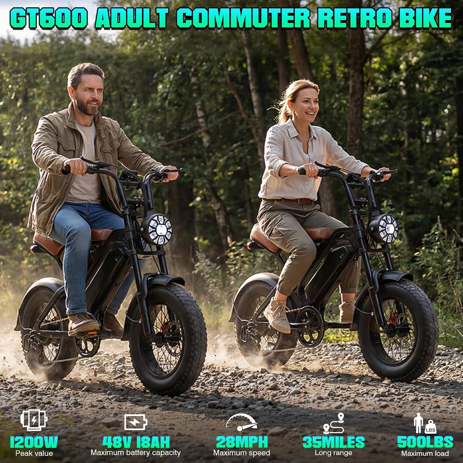 Electric Bike for Adults, 1200W Peak Power Ebike, 28MPH, 48V 18Ah Removable Battery, 35-Mile Range, 500LBS Load, 16'' Fat Tire Electric Dirt Bikes, Electric Mountain Bicycles for All-Terrain