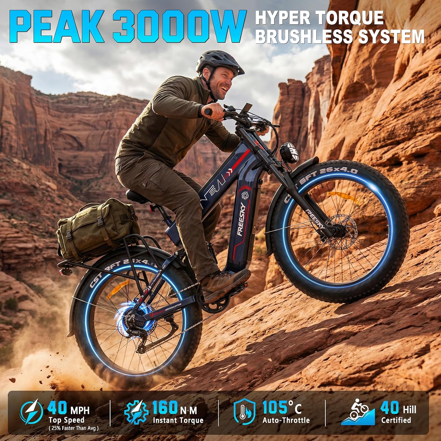 FREESKY Dual Battery Electric Bike for Adults, 48V 45AH 200 Miles Long Range E Bike, 4000W Motor 40MPH+, 26' Fat Tire Fast Mountain EBike, Full Suspension & Hydraulic Brakes, UL 2849 Certified by TÜV