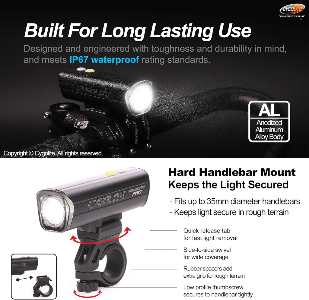Cygolite Velocity 1600, 1200, 1000, 800 Lumen USB-C Bike Lights – Anodized Aluminum Alloy – 9 Light Modes – Fine Tunable Brightness - Compact, IP67 Waterproof – Hard Mount – Road & Mountain