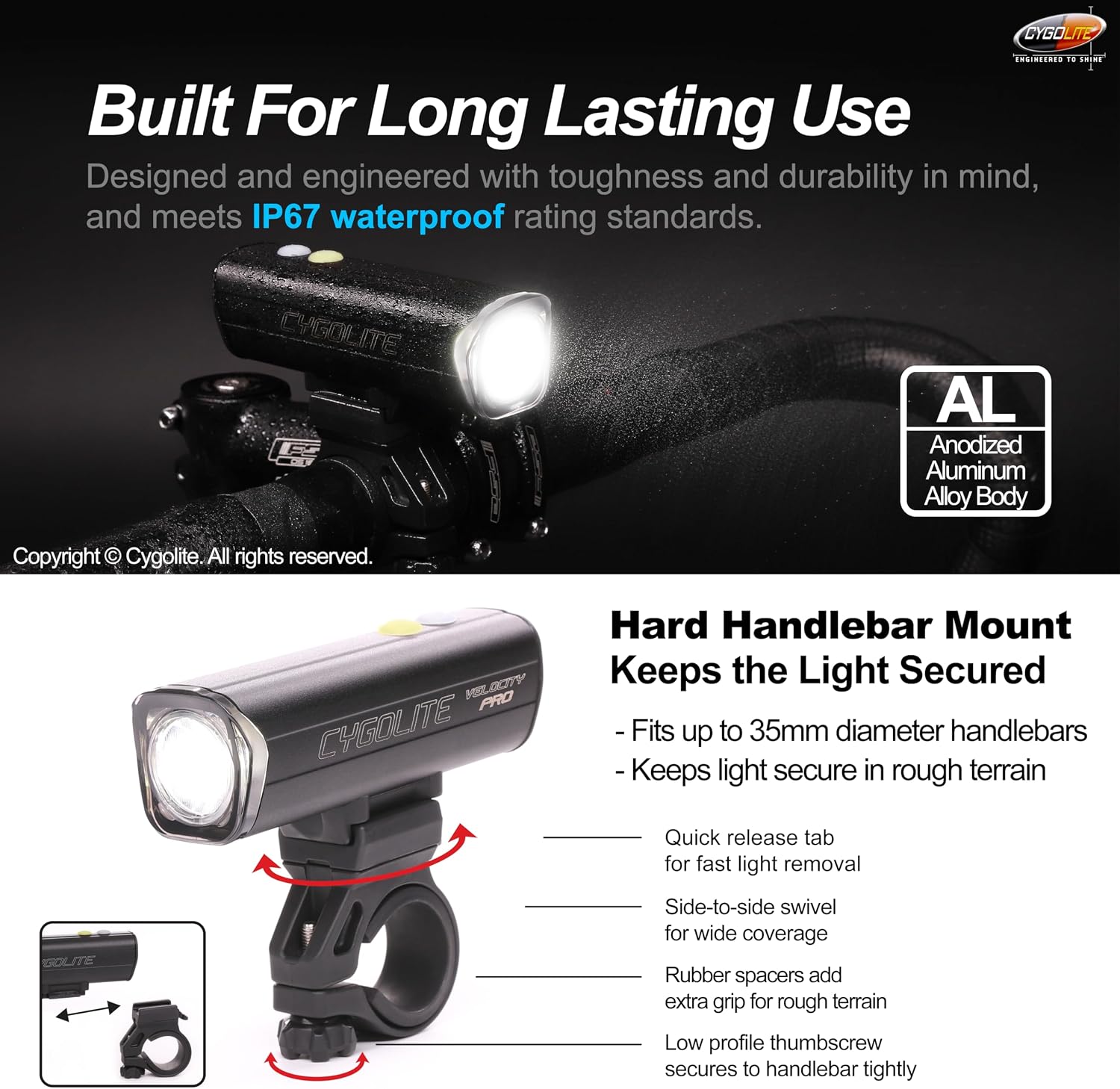 Cygolite Velocity 1600, 1200, 1000, 800 Lumen USB-C Bike Lights – Anodized Aluminum Alloy – 9 Light Modes – Fine Tunable Brightness - Compact, IP67 Waterproof – Hard Mount – Road & Mountain