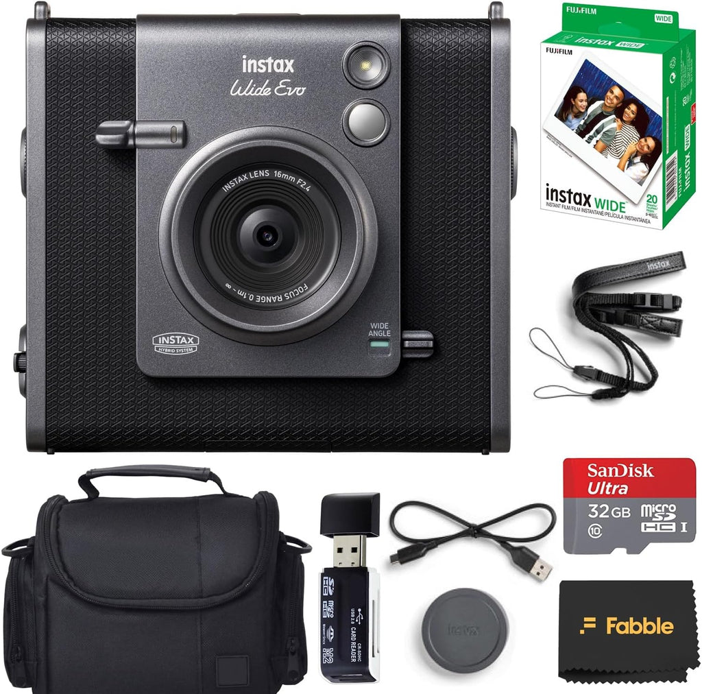Fujifilm Instax Wide Evo Hybrid Instant Camera – Bundle with 20-Exposure Film Twin Pack, Protective Case, 32 GB microSDHC Card, USB Card Reader & Cleaning Cloth